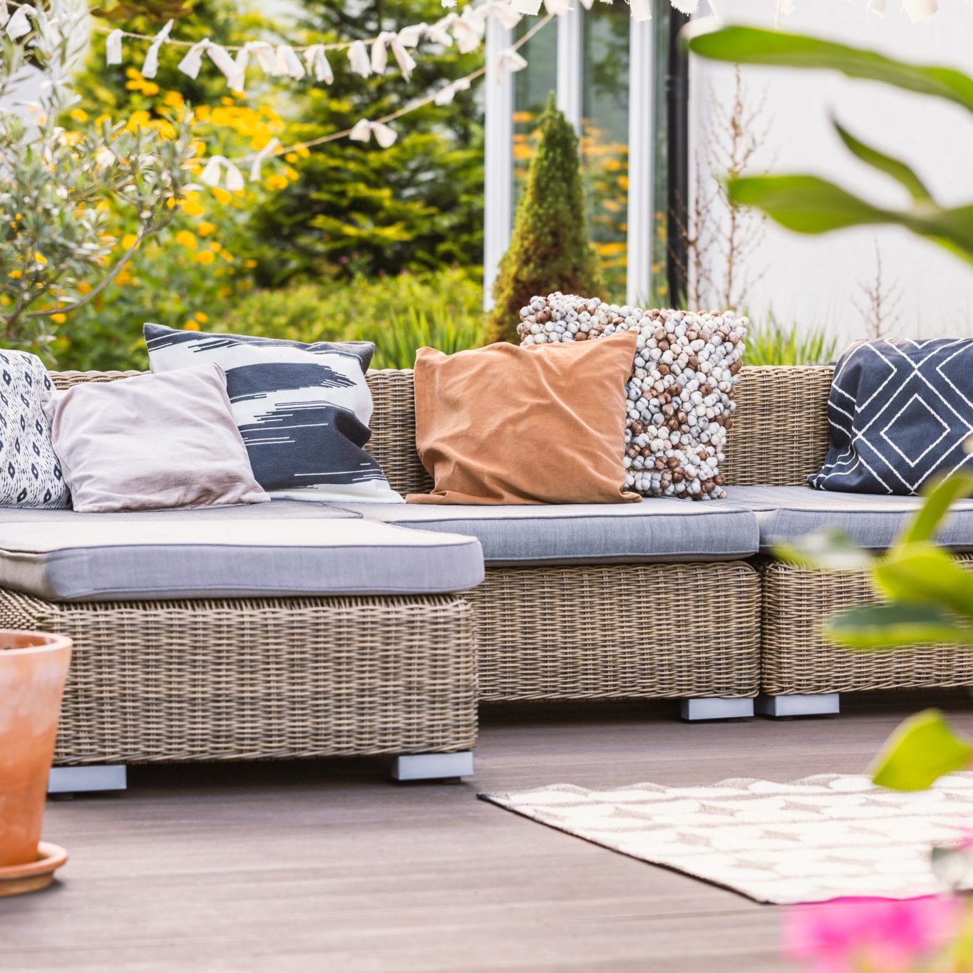 Living room designed on a wooden  deck in the yard